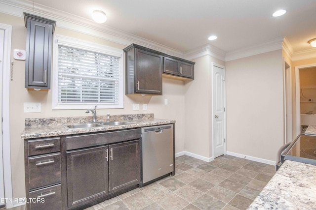 kitchen with stainless steel dishwasher, ornamental molding, dark brown cabinets, sink, and range