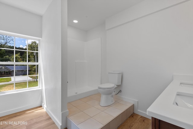 bathroom with toilet, vanity, a wealth of natural light, and hardwood / wood-style flooring