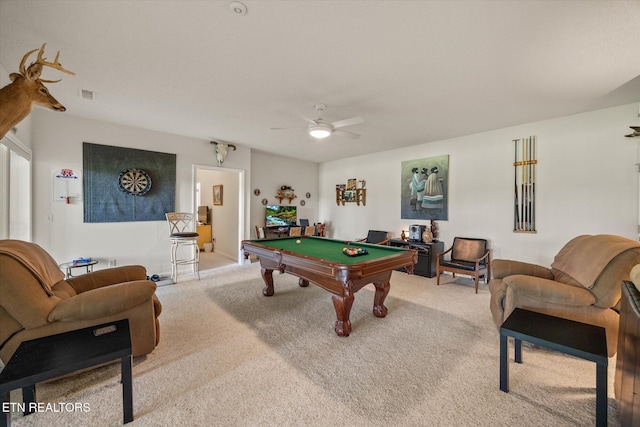 game room with light colored carpet, ceiling fan, and pool table