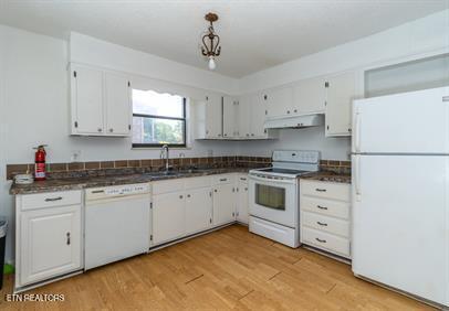 kitchen with light hardwood / wood-style flooring, white cabinets, white appliances, and sink