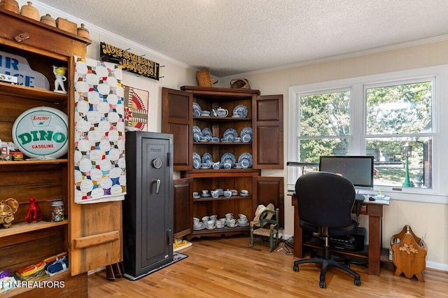 office space with light hardwood / wood-style floors, a textured ceiling, and ornamental molding