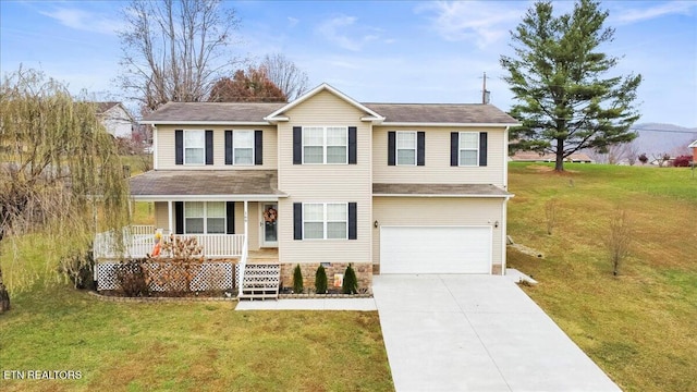 view of front of home with a porch, a garage, and a front lawn