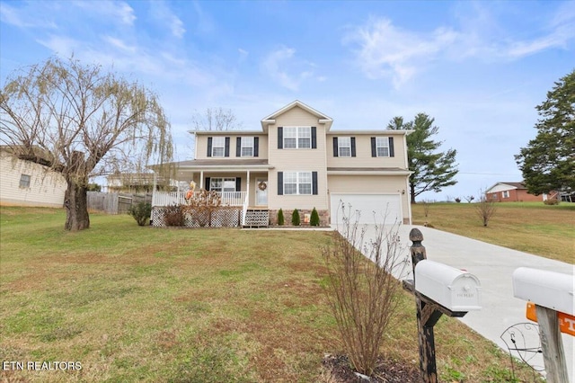 front of property with a porch, a garage, and a front lawn