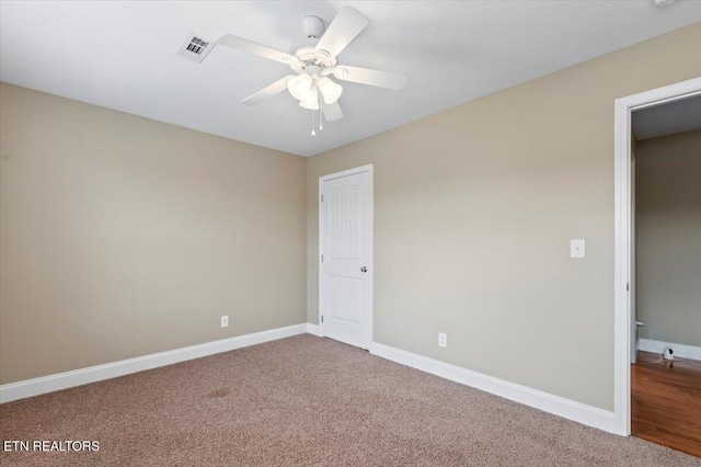 unfurnished bedroom with ceiling fan and carpet floors