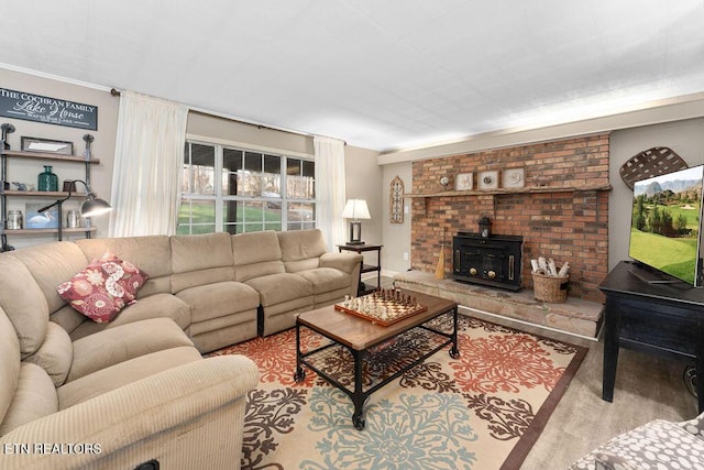 living room with a wood stove