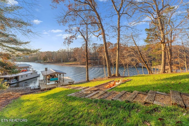 view of water feature with a dock