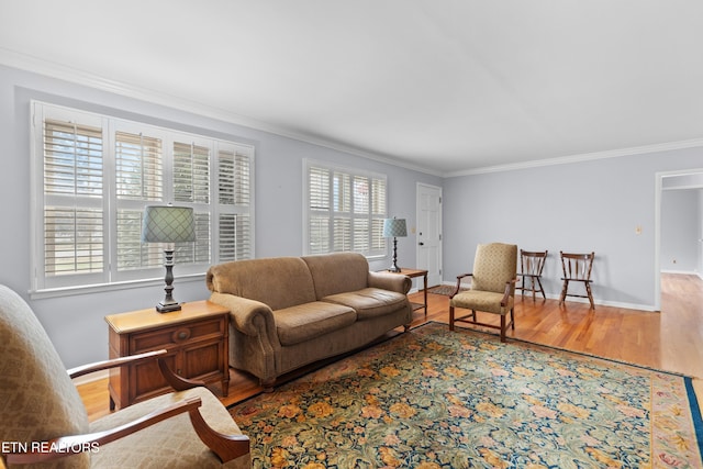 living room with crown molding and wood-type flooring