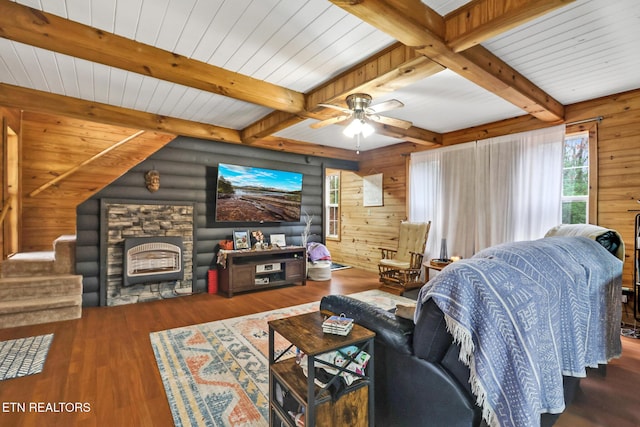 living room with ceiling fan, wood walls, wood ceiling, and dark wood-type flooring