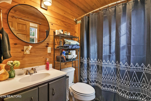 bathroom featuring vanity, toilet, wood ceiling, and wooden walls