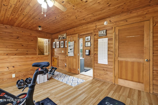 exercise area with wooden ceiling, wooden walls, ceiling fan, and wood-type flooring