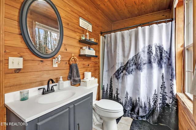 bathroom featuring wooden walls, vanity, wooden ceiling, and toilet