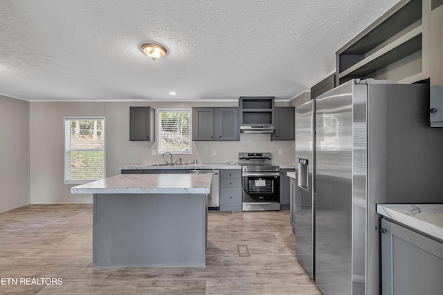 kitchen with gray cabinetry, sink, stainless steel appliances, light hardwood / wood-style flooring, and a kitchen island