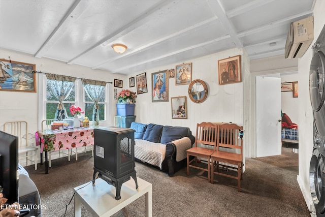 carpeted living room with stacked washer and dryer and a wall mounted air conditioner