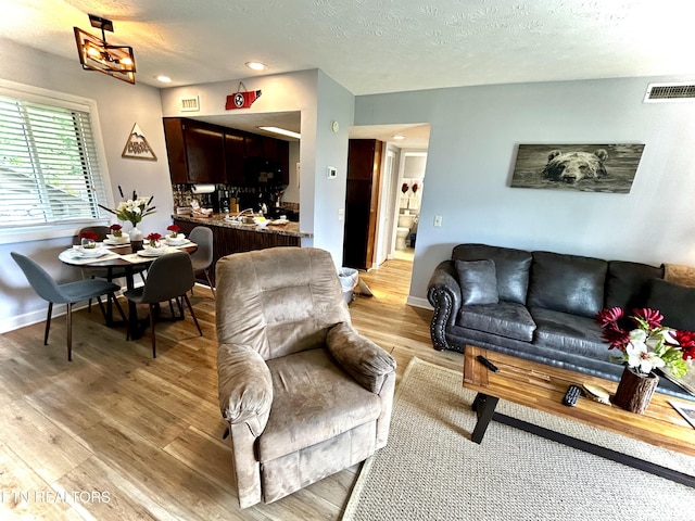 living room featuring a textured ceiling and hardwood / wood-style flooring