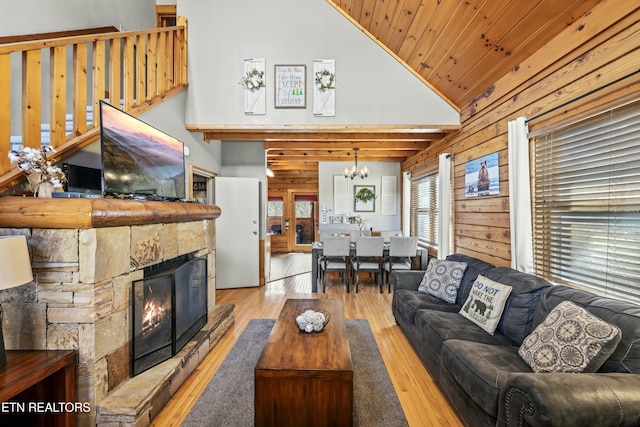 living room featuring light wood-type flooring, high vaulted ceiling, a stone fireplace, and wood ceiling