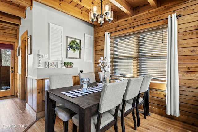 dining room with light wood-type flooring, beam ceiling, wooden walls, and wooden ceiling