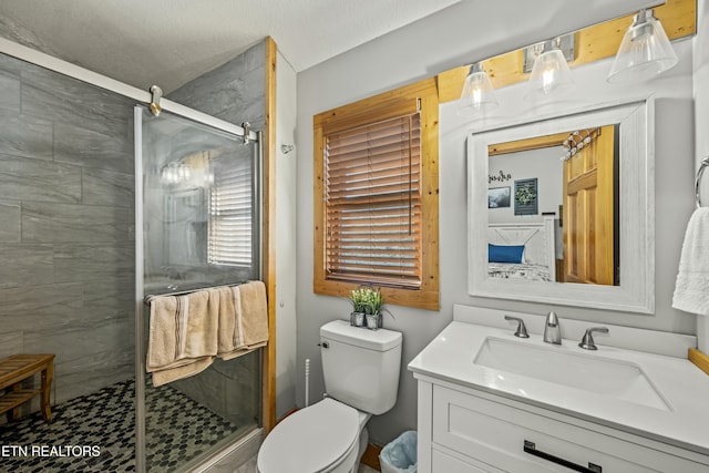 bathroom featuring a shower with door, vanity, a textured ceiling, and toilet