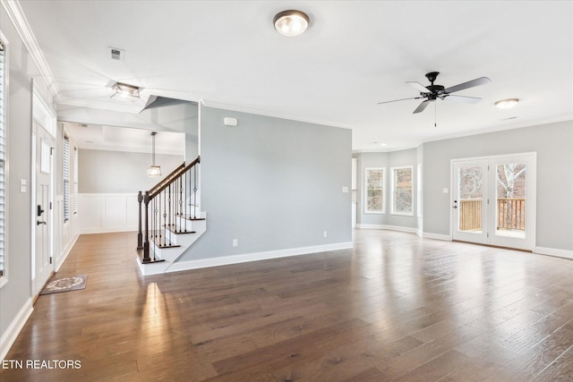 interior space featuring french doors, dark hardwood / wood-style flooring, ceiling fan, and ornamental molding