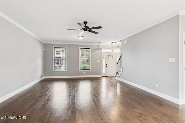 unfurnished living room with dark hardwood / wood-style floors, ceiling fan, and crown molding