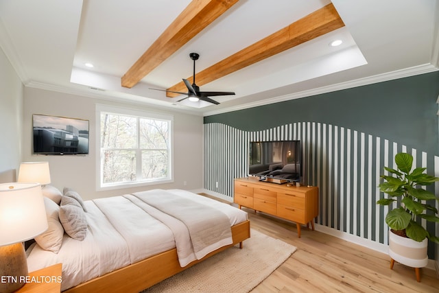 bedroom featuring visible vents, beam ceiling, ornamental molding, recessed lighting, and light wood finished floors