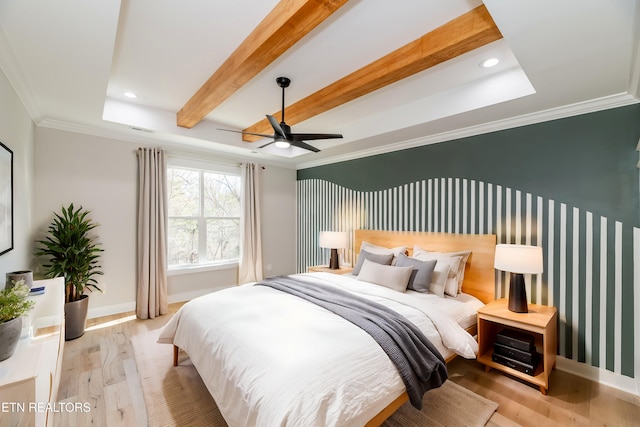 bedroom featuring baseboards, light wood-type flooring, ornamental molding, beam ceiling, and recessed lighting