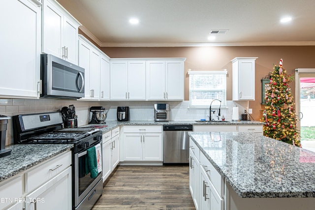 kitchen with appliances with stainless steel finishes, white cabinetry, a wealth of natural light, and ornamental molding