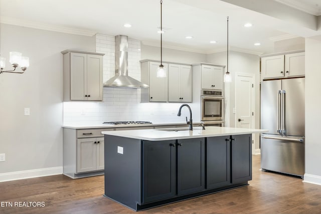 kitchen with dark wood-type flooring, wall chimney range hood, sink, gray cabinets, and stainless steel appliances