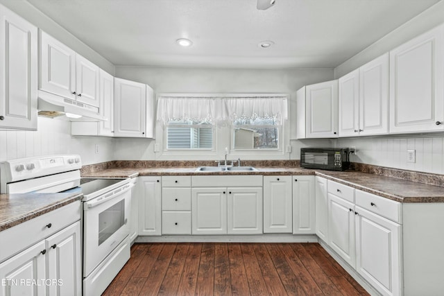 kitchen featuring white cabinets, dark hardwood / wood-style floors, white electric stove, and sink