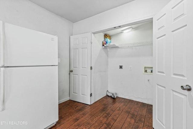 laundry room with hookup for an electric dryer, hookup for a washing machine, and dark wood-type flooring