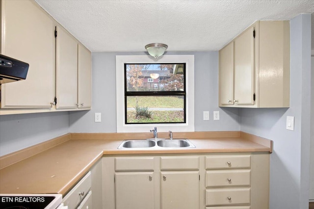 kitchen with cream cabinetry, sink, and a textured ceiling