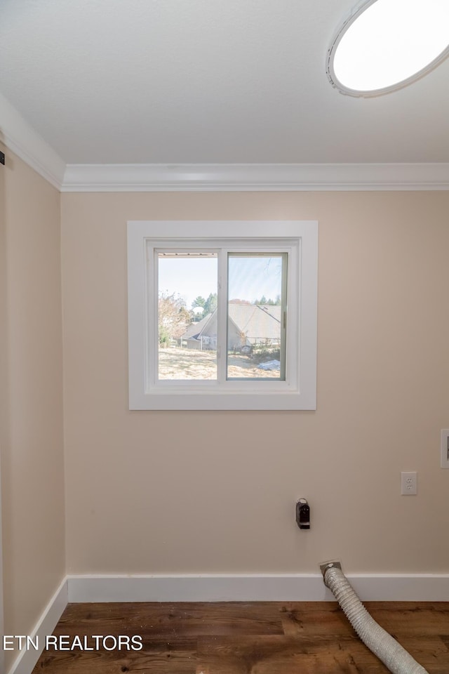 spare room with ornamental molding and dark wood-type flooring