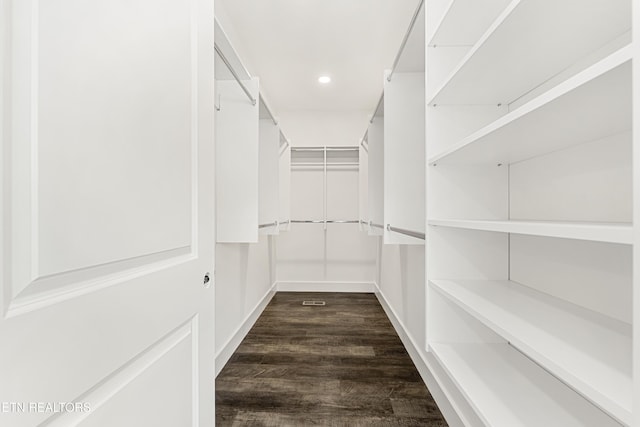 spacious closet with dark wood finished floors