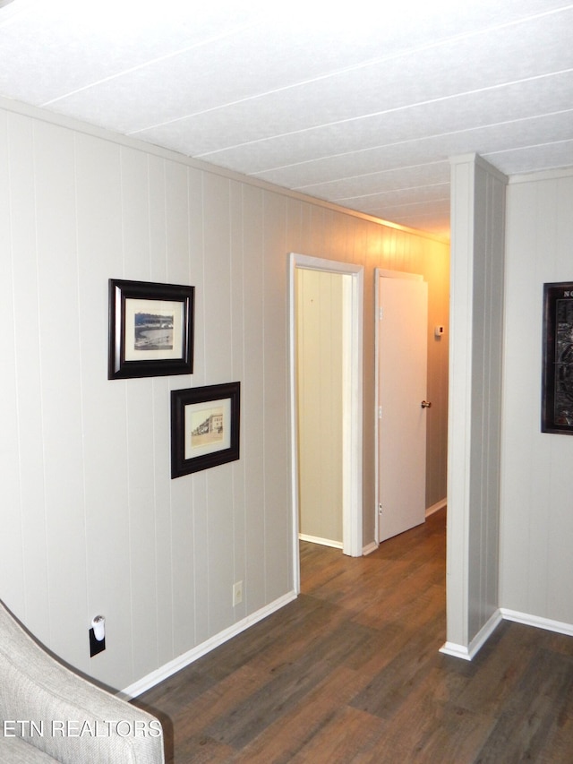 corridor featuring ornamental molding, dark wood-type flooring, and wood walls