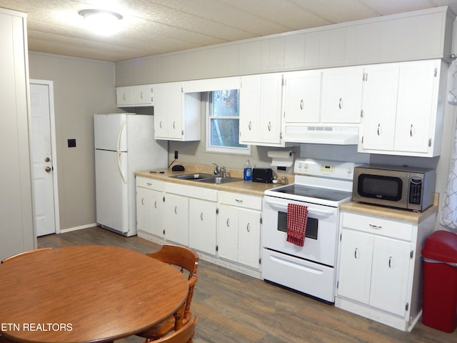 kitchen featuring white cabinets, dark hardwood / wood-style flooring, white appliances, and sink