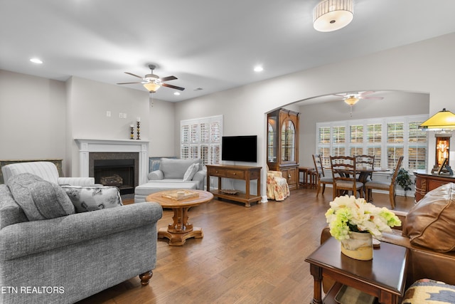 living room with ceiling fan and wood-type flooring