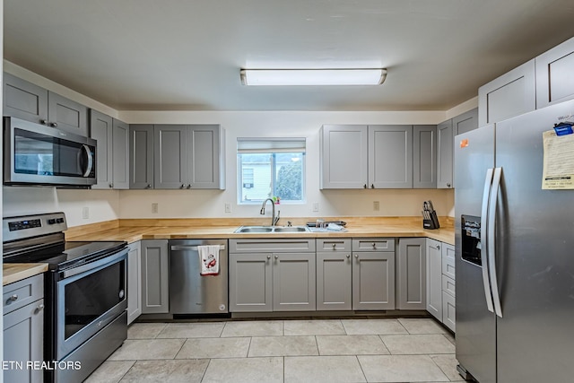 kitchen with sink, wood counters, gray cabinets, light tile patterned floors, and appliances with stainless steel finishes