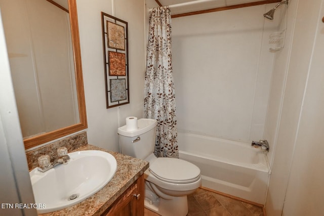 full bathroom featuring tile patterned floors, vanity, shower / bath combination with curtain, and toilet