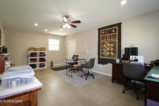 office area featuring a ceiling fan, baseboards, concrete flooring, and recessed lighting