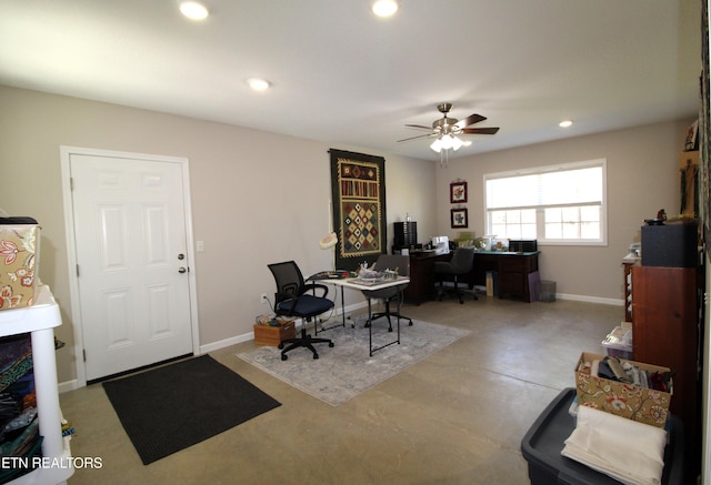 office featuring baseboards, a ceiling fan, finished concrete floors, and recessed lighting