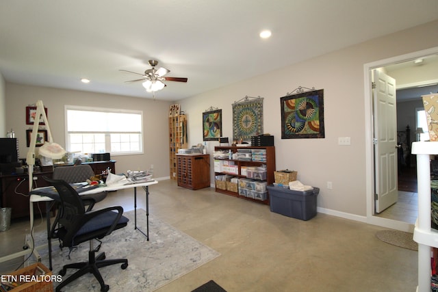 office featuring ceiling fan, baseboards, and recessed lighting