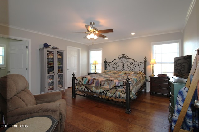 bedroom featuring ceiling fan, dark wood finished floors, crown molding, and recessed lighting