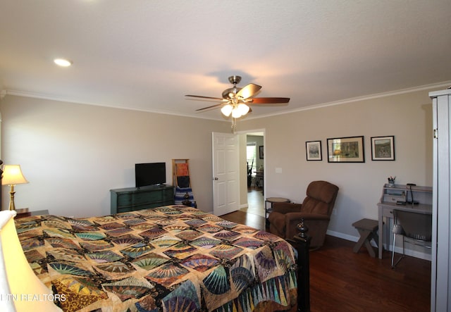 bedroom with baseboards, ceiling fan, dark wood-style flooring, crown molding, and recessed lighting