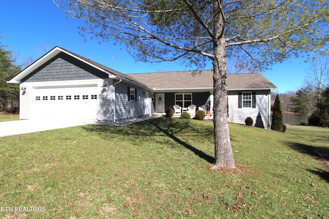 ranch-style house featuring an attached garage, covered porch, a front lawn, and concrete driveway