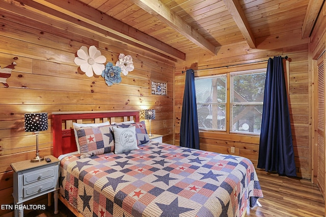 bedroom with wood walls, beamed ceiling, wood-type flooring, and wooden ceiling