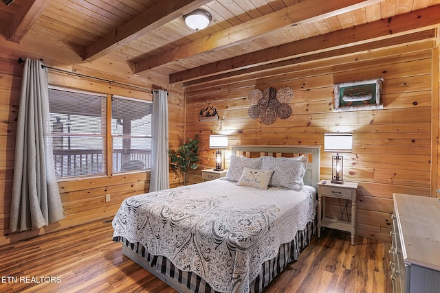 bedroom featuring wood ceiling, wood walls, beamed ceiling, and dark wood-type flooring