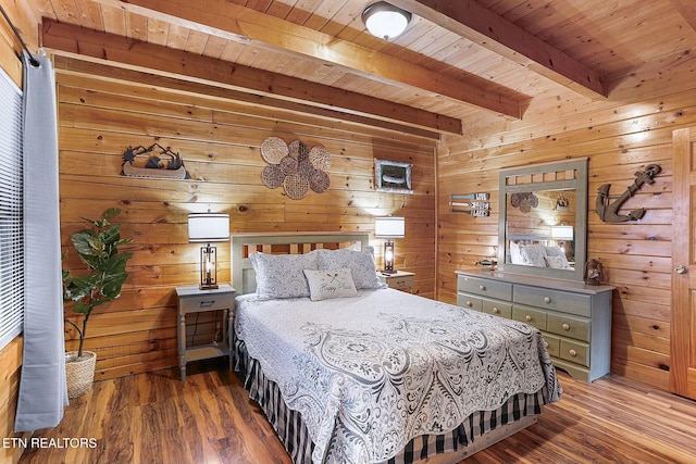 bedroom with beamed ceiling, wood-type flooring, wood ceiling, and wooden walls