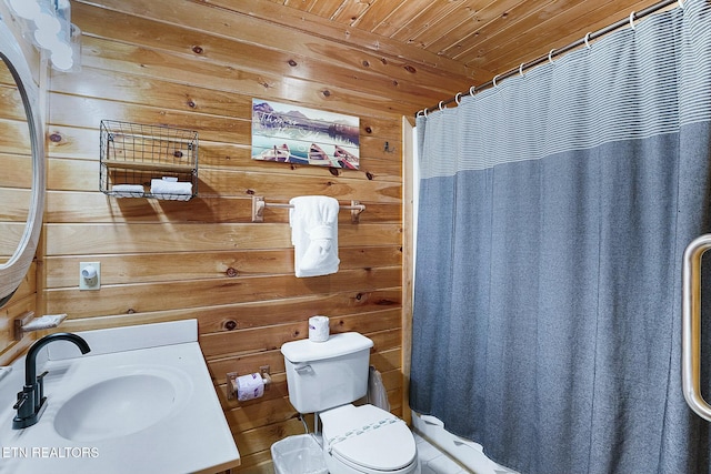 bathroom with a shower with shower curtain, wood ceiling, sink, toilet, and wood walls