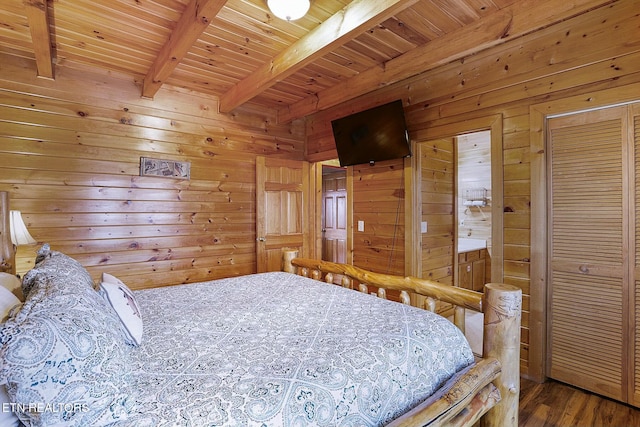 bedroom featuring beamed ceiling, wood-type flooring, wood ceiling, and wood walls