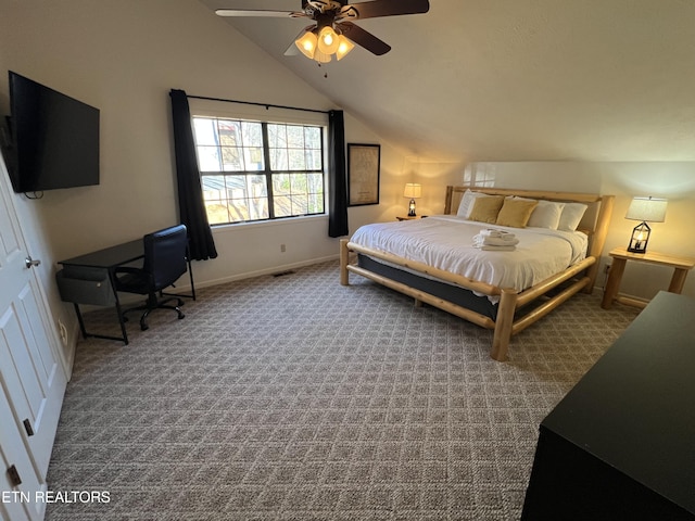 bedroom with carpet flooring, ceiling fan, and lofted ceiling