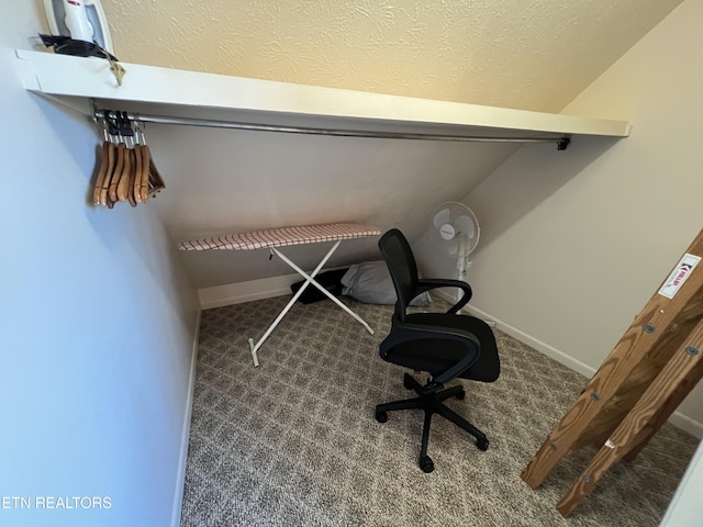 unfurnished office featuring carpet floors and a textured ceiling